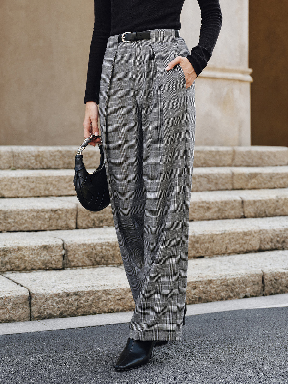 Pantalon Large Ysé à Carreaux et Ceinture, vue 2