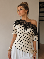 Haut Asymétrique Solène à Pois et Dentelle, vue 1