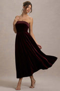 Robe mi-longue Olympe en velours bordeaux bordeaux, vue principale