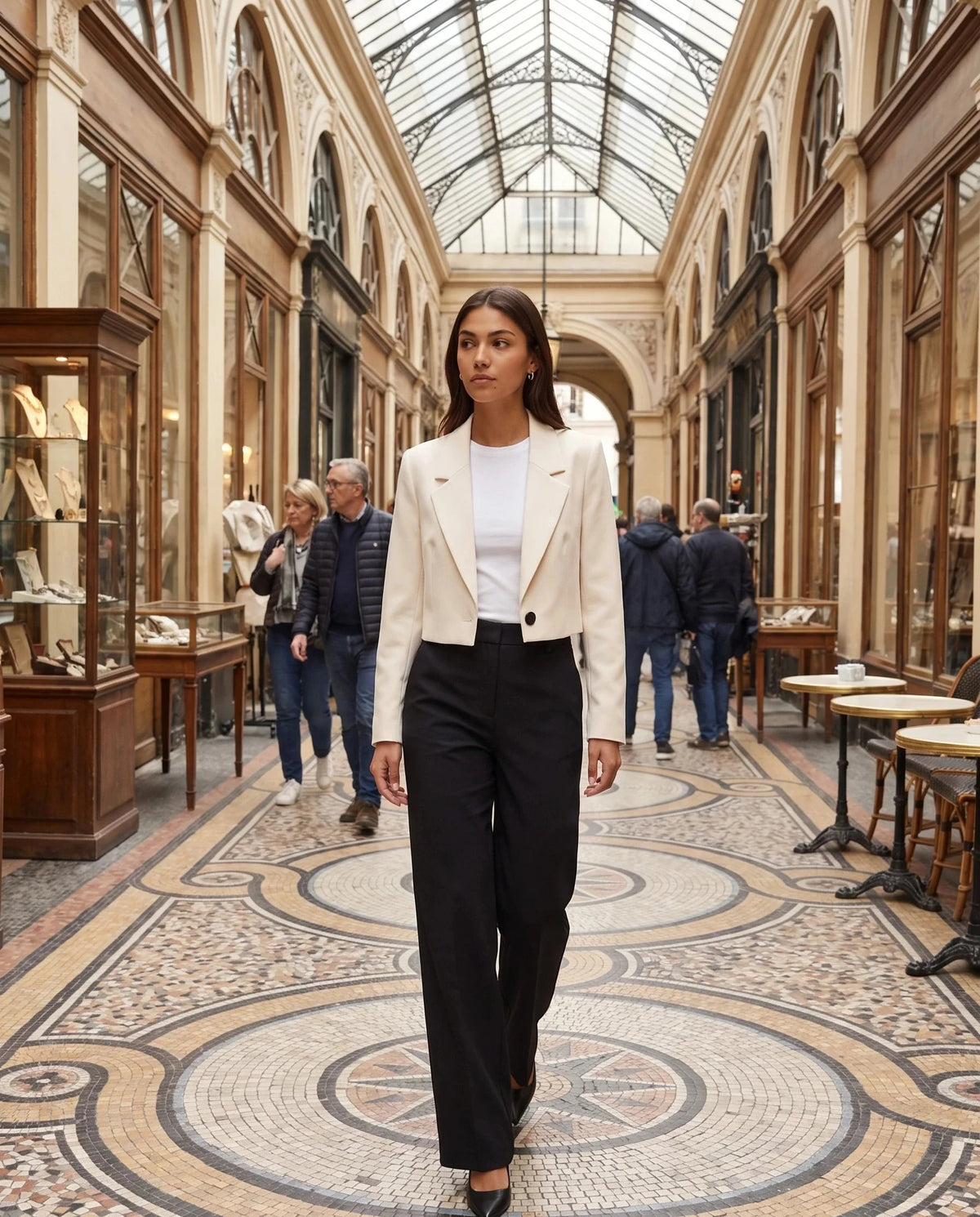 Blazer court beige Léontine, porté dans un passage couvert parisien
