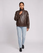 Blouson effet cuir à col montant marron Octavie, vue de face en studio