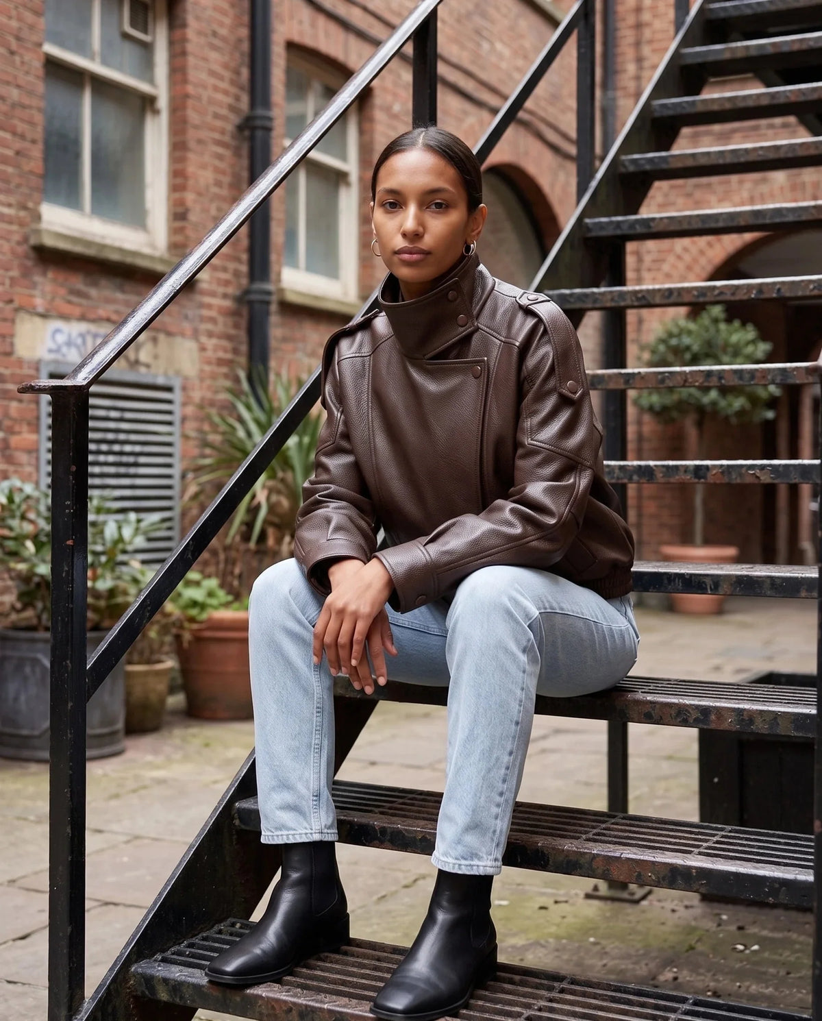 Blouson effet cuir marron Octavie, porté assis sur un escalier urbain