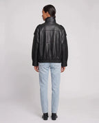 Blouson effet cuir à col montant noir Octavie, vue de dos en studio