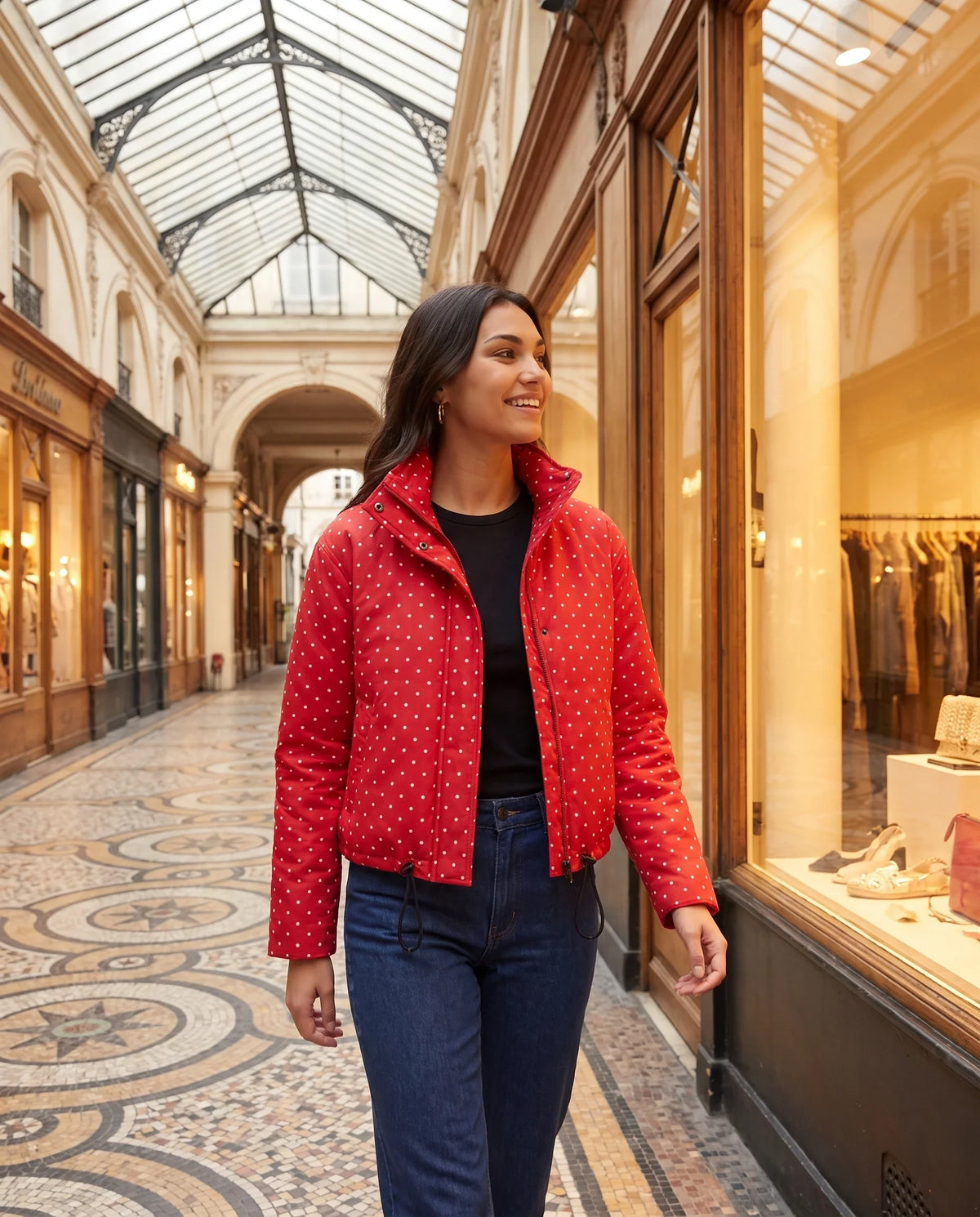 Bomber court à pois rouge Célestine, porté dans une galerie couverte parisienne