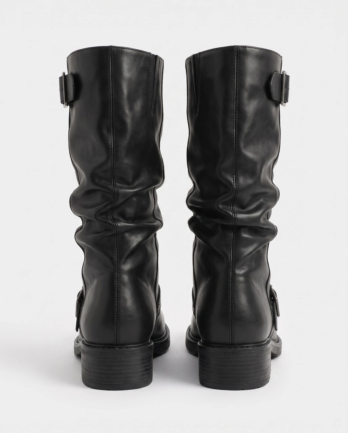 Bottes mi-mollet à boucles effet cuir Orlane — Noir, paire vue de dos, plis de tige et talon carré