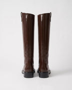 Bottes cavalières hautes effet cuir Bastienne — Chocolat, paire vue de dos, couture de tige et talon bloc
