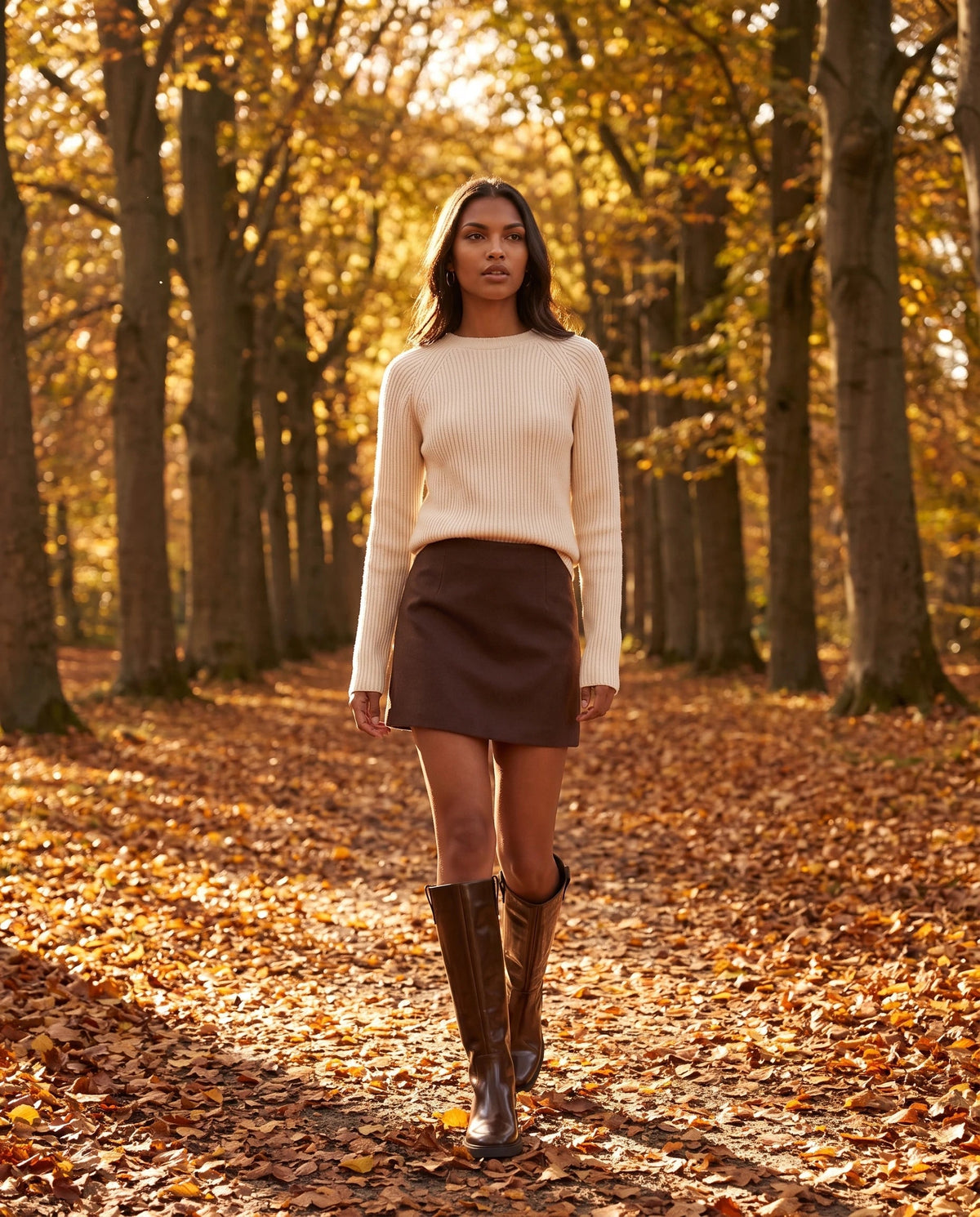Bottes cavalières hautes effet cuir Bastienne — Chocolat, portées dans une allée de hêtres en automne