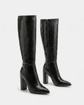 Bottes hautes croco vernies à talon Théodorine — Noir, paire en packshot studio