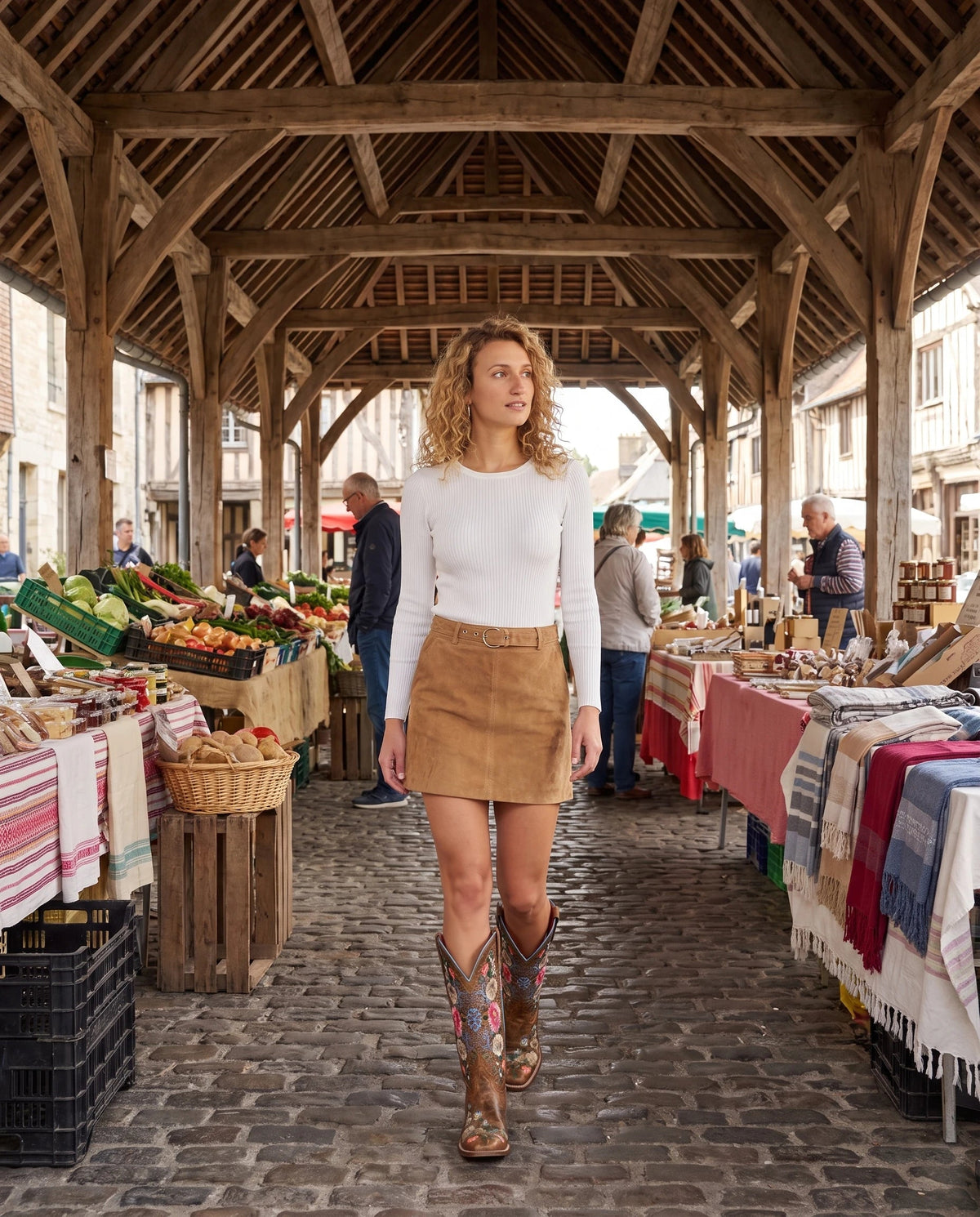 Bottes hautes western brodées en simili Mariette Caramel Vieilli — portées en extérieur