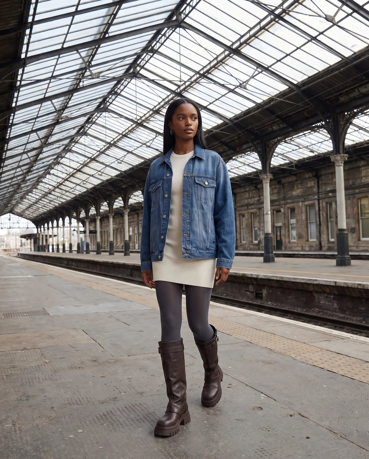 Bottes motardes hautes à zip et boucle Axelle — Chocolat Foncé, portées sur un quai de gare sous verrière