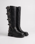 Bottes motardes hautes à boucles effet cuir Sigrid — Noir, paire en packshot studio