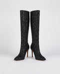 Bottes hautes à paillettes à talon aiguille Amarante — Noir, paire vue de trois quarts en studio