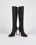 Bottes hautes à paillettes à talon aiguille Amarante — Noir, paire vue de trois quarts en studio