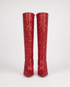 Bottes hautes à paillettes à talon aiguille Amarante — Rouge, paire vue de face en studio