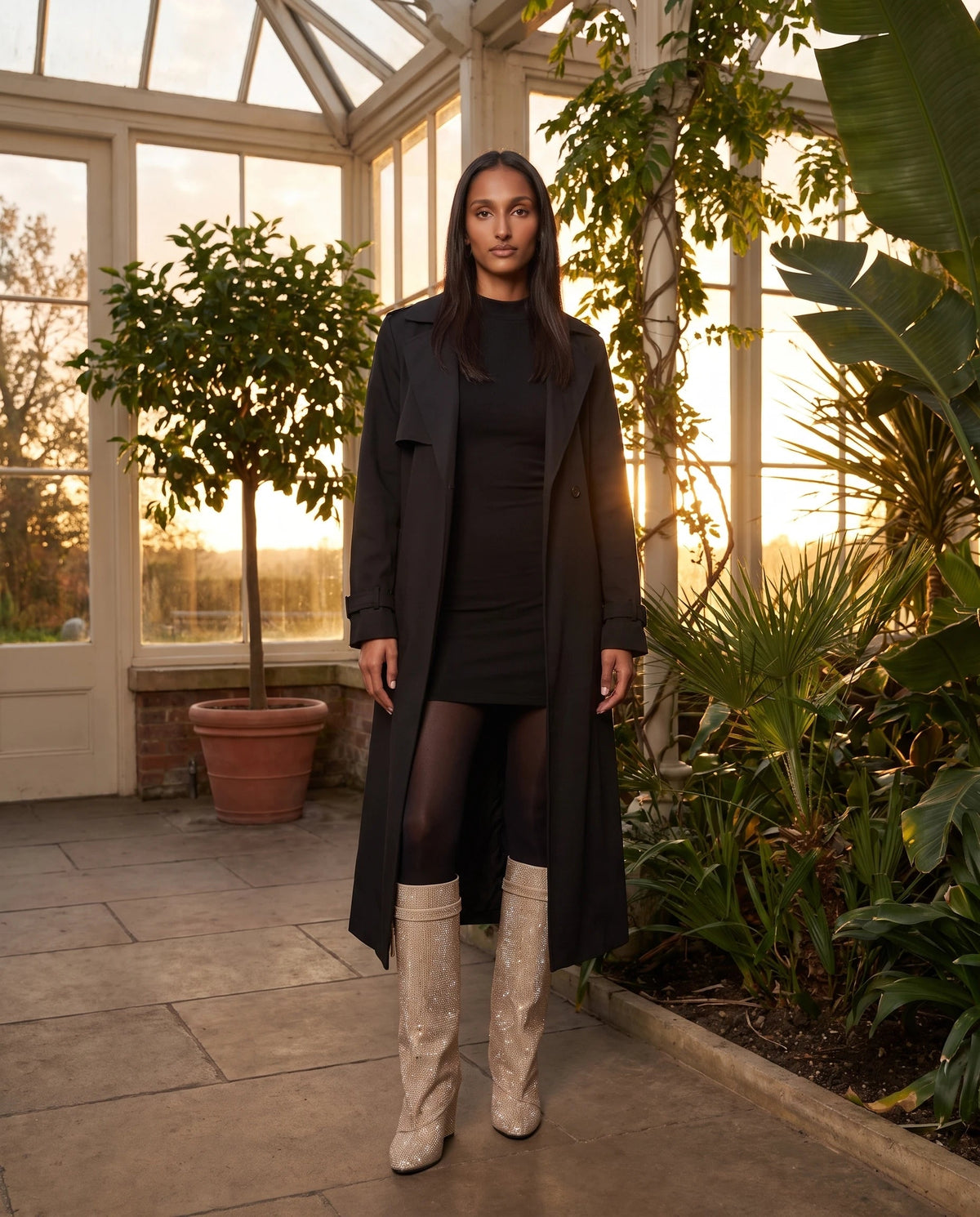 Bottes hautes à rabat et cadenas à strass Aymeline — Beige Champagne, portées dans une orangerie vitrée au coucher du soleil