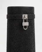 Bottes hautes à rabat et cadenas à strass Aymeline — Noir, détail de la bride et du cadenas au bord supérieur