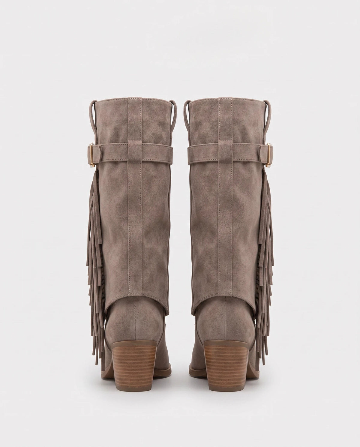Bottes mi-mollet à revers et franges Coraline — Taupe, paire vue de dos