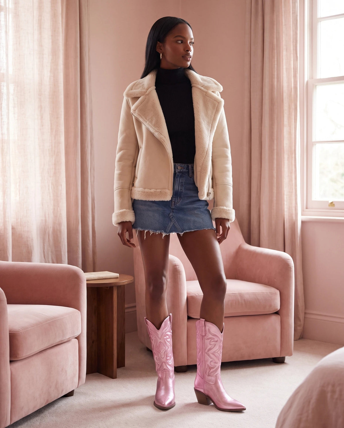 Bottes santiags mi-mollet en simili Artémise Rose Bonbon — portées en extérieur