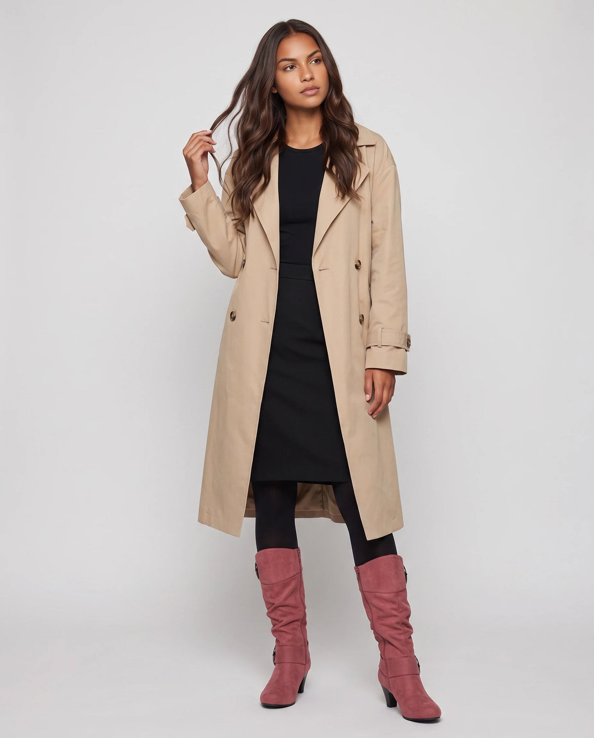 Bottes slouchy à boucles anneau en suédine Isadora — Vieux Rose, portées en plein pied studio