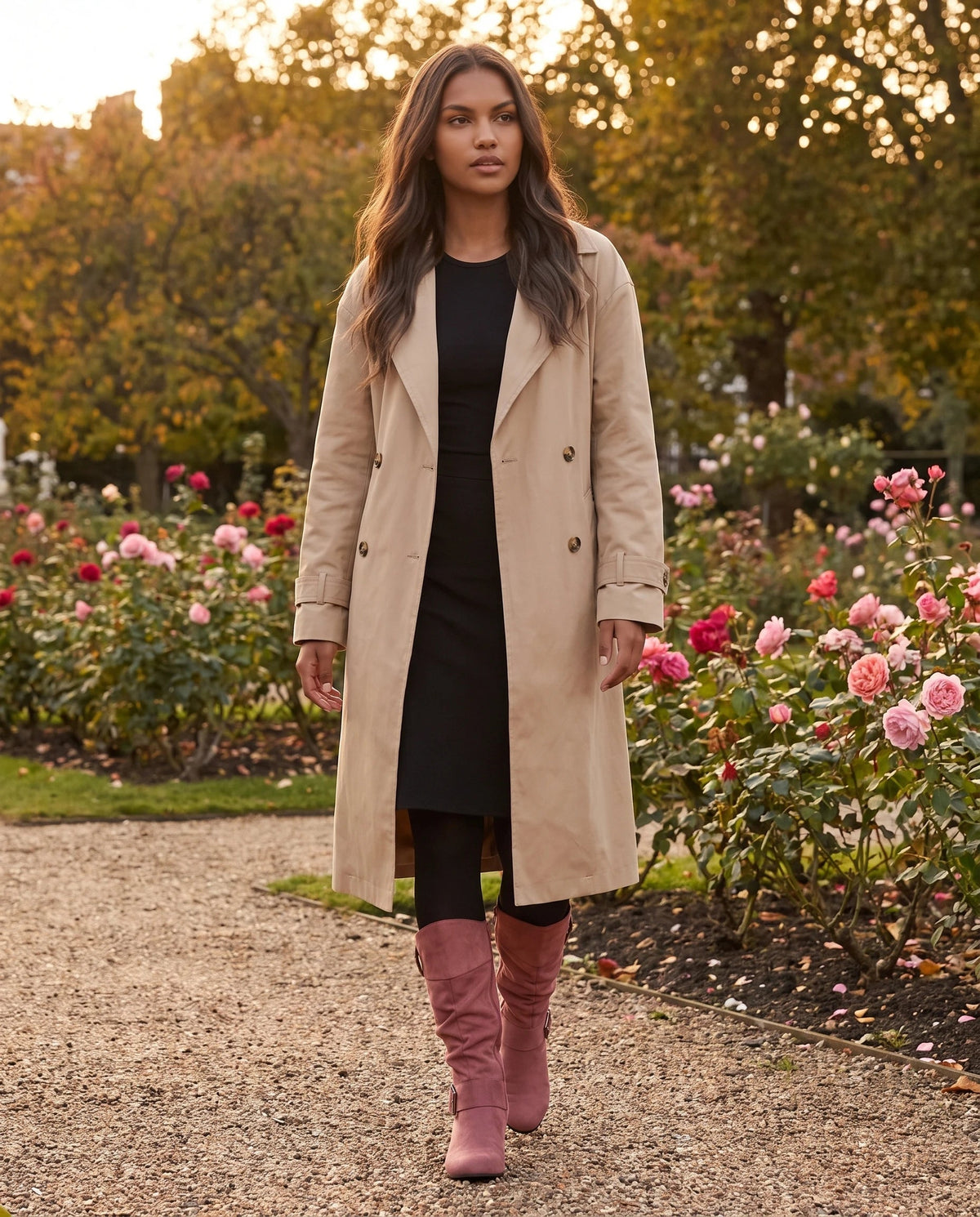 Bottes slouchy à boucles anneau en suédine Isadora — Vieux Rose, portées en extérieur