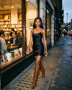 Bottes souples à petit talon effet croco Micheline — Cognac, portées en situation