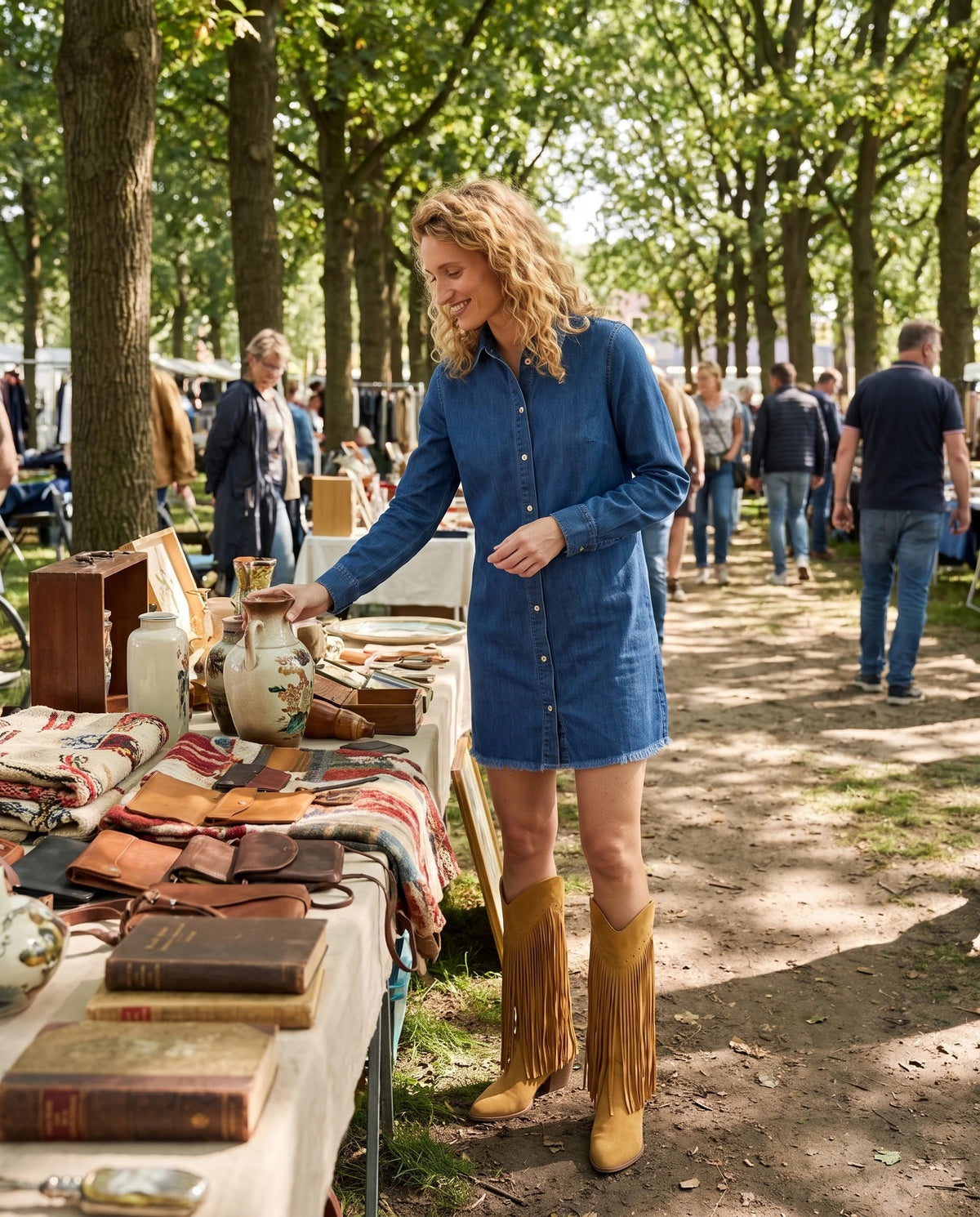 Bottes hautes western à franges cloutées Florentine — Camel, portées dans une brocante en plein air