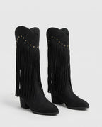 Bottes hautes western à franges cloutées Florentine — Noir, paire vue de trois quarts avant studio