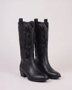 Bottes santiags à broderie ton sur ton en simili Corentine Noir — packshot de profil