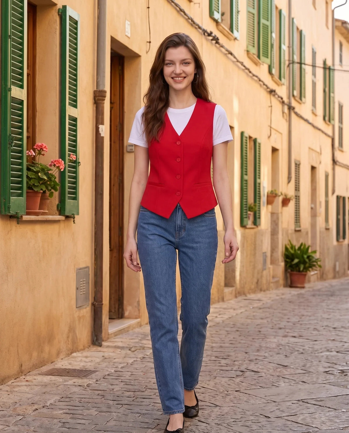 Gilet de tailleur rouge Bérénice, porté dans une ruelle aux façades ocre
