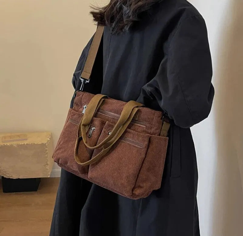 Grand sac à main cabas bandoulière de cours en velours côtelé multipoches Élina - image 12