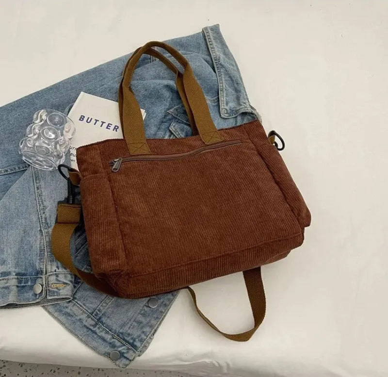 Grand sac à main cabas bandoulière de cours en velours côtelé multipoches Élina - image 13