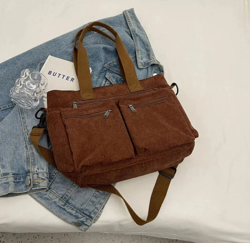 Grand sac à main cabas bandoulière de cours en velours côtelé multipoches Élina - image 14