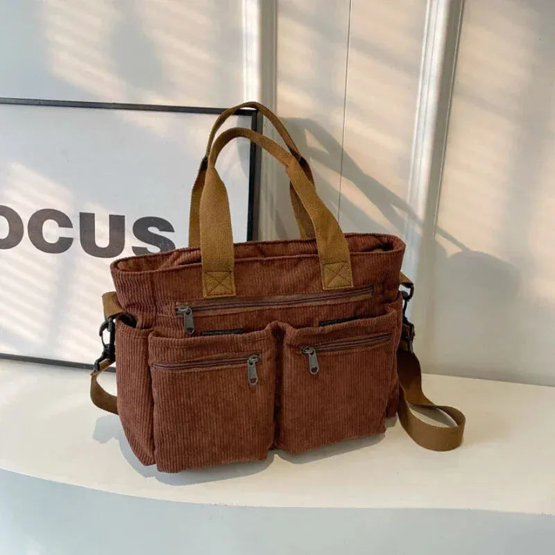 Grand sac à main cabas bandoulière de cours en velours côtelé multipoches Élina - image 17