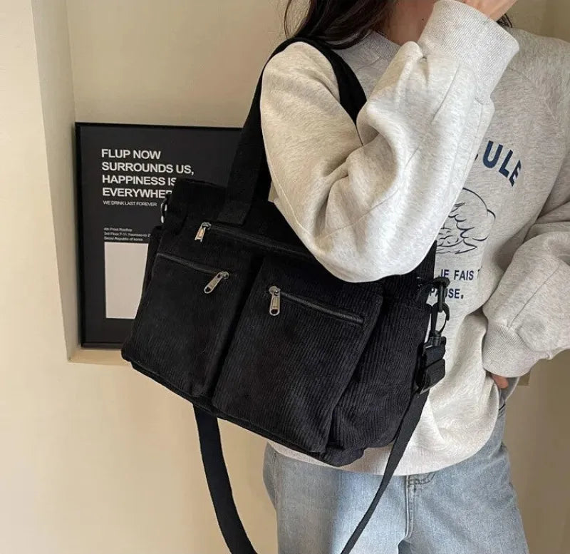 Grand sac à main cabas bandoulière de cours en velours côtelé multipoches Élina - image 19