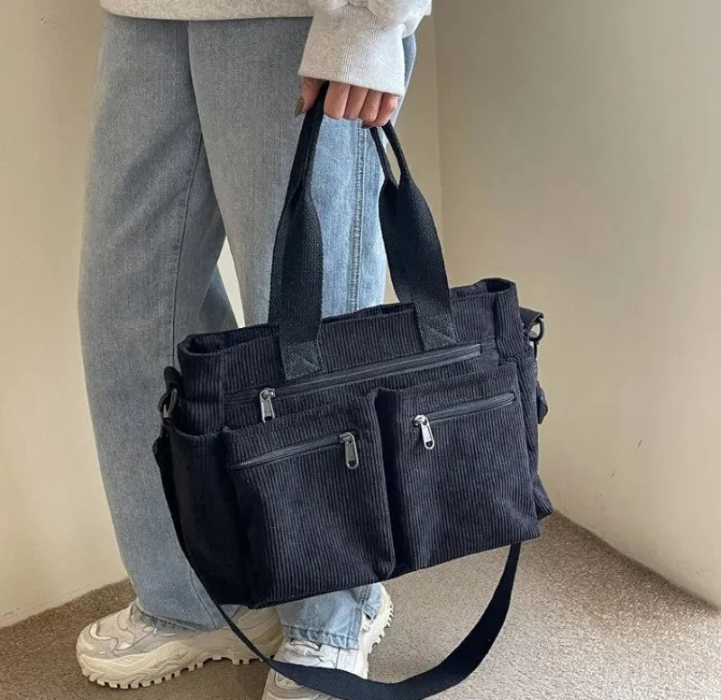 Grand sac à main cabas bandoulière de cours en velours côtelé multipoches Élina - image 21