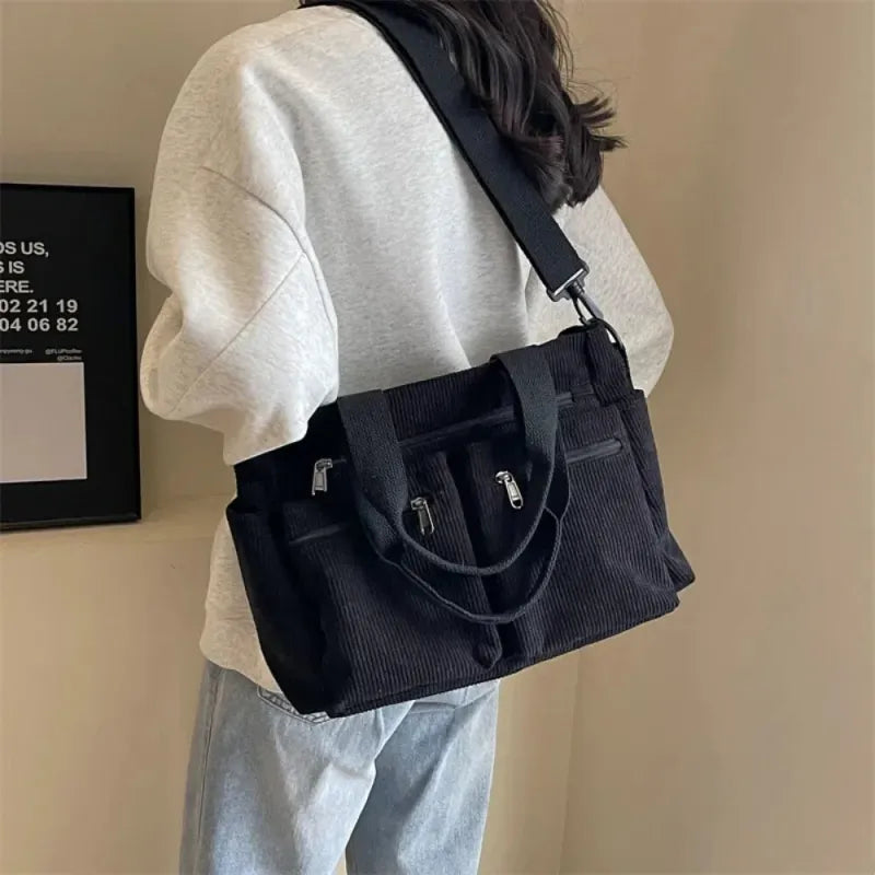 Grand sac à main cabas bandoulière de cours en velours côtelé multipoches Élina - image 23