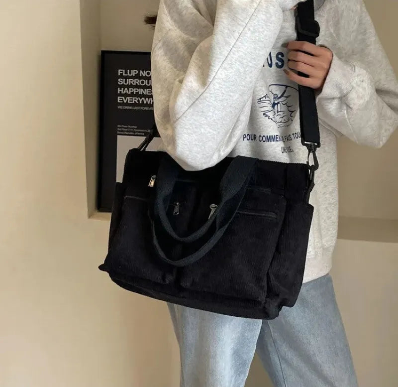 Grand sac à main cabas bandoulière de cours en velours côtelé multipoches Élina - image 24