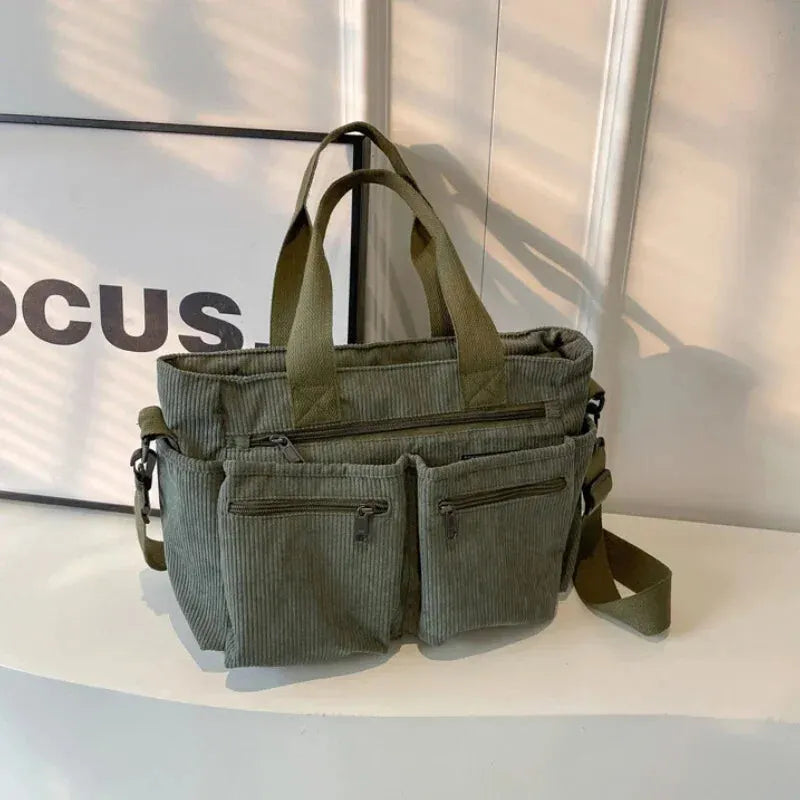 Grand sac à main cabas bandoulière de cours en velours côtelé multipoches Élina - image 35