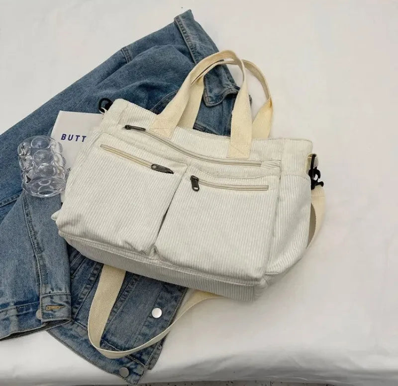 Grand sac à main cabas bandoulière de cours en velours côtelé multipoches Élina - image 38