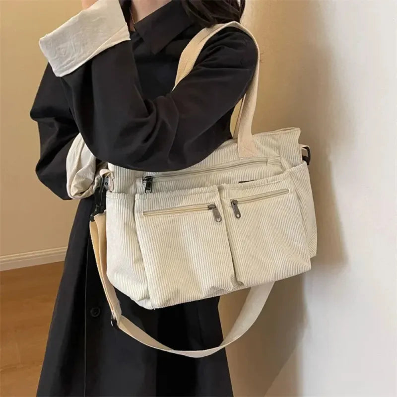 Grand sac à main cabas bandoulière de cours en velours côtelé multipoches Élina - image 39