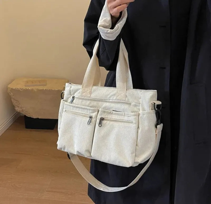Grand sac à main cabas bandoulière de cours en velours côtelé multipoches Élina - image 40