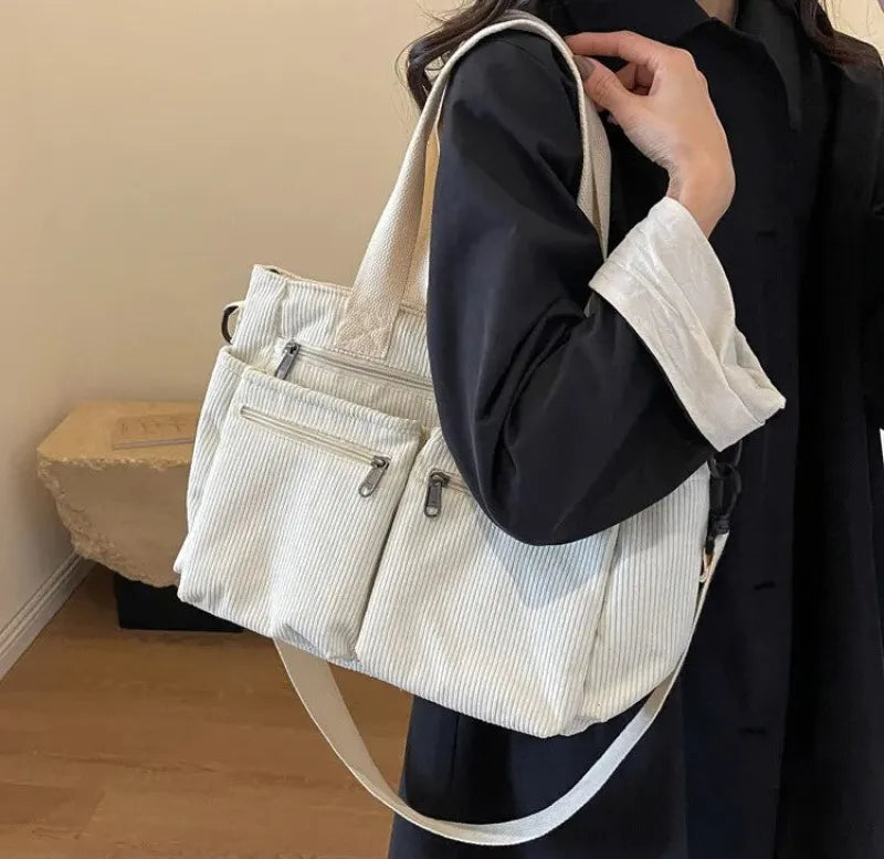 Grand sac à main cabas bandoulière de cours en velours côtelé multipoches Élina - image 42