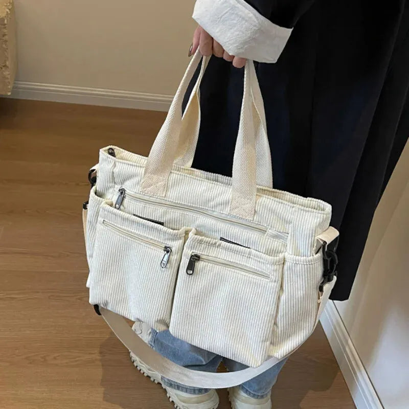 Grand sac à main cabas bandoulière de cours en velours côtelé multipoches Élina - image 44