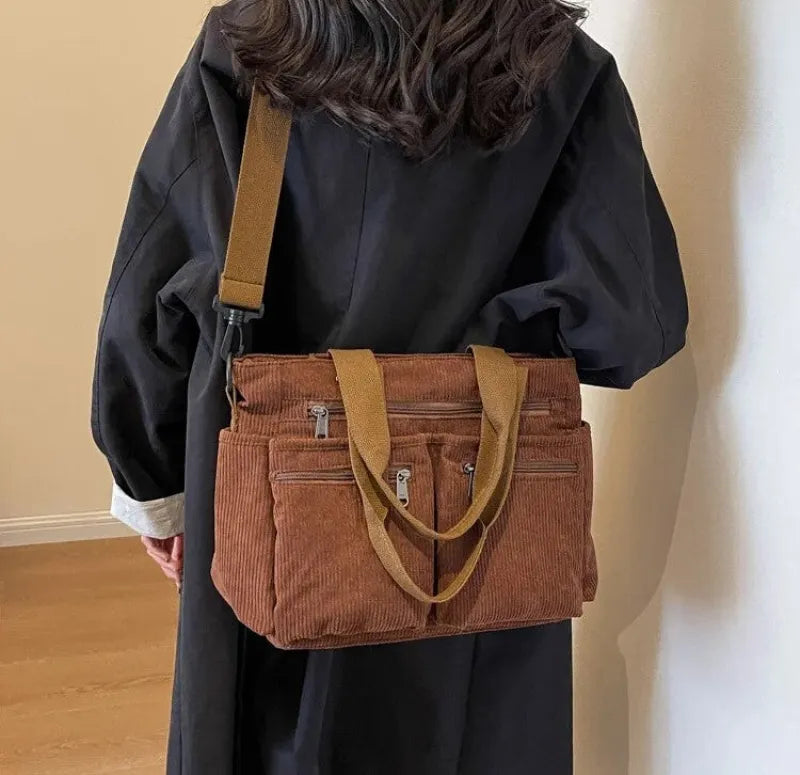 Grand sac à main cabas bandoulière de cours en velours côtelé multipoches Élina - image 8