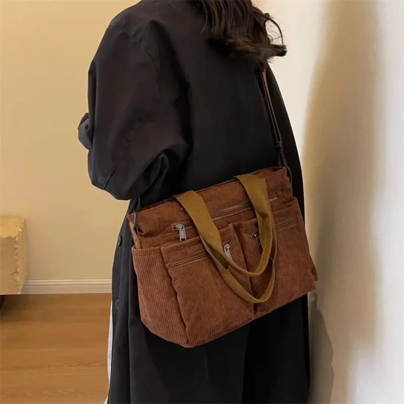 Grand sac à main cabas bandoulière de cours en velours côtelé multipoches Élina - image 9