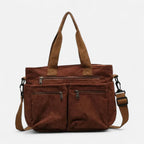 Grand sac à main cabas bandoulière de cours en velours côtelé multipoches Élina - Marron - image 1