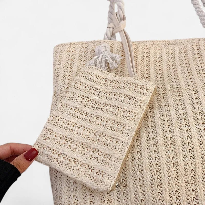 Grand sac à main cabas en paille avec anses en corde et pochette assortie Livia - image 6