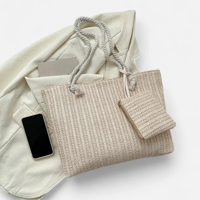 Grand sac à main cabas en paille avec anses en corde et pochette assortie Livia - image 7