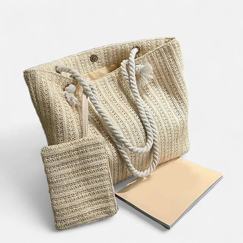 Grand sac à main cabas en paille avec anses en corde et pochette assortie Livia - image 8