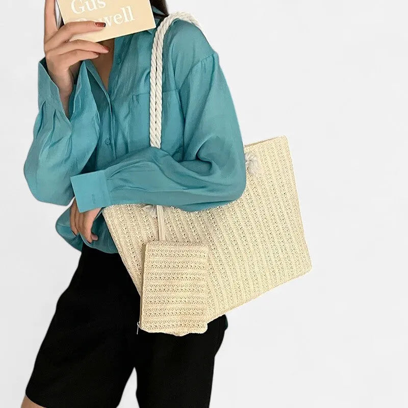 Grand sac à main cabas en paille avec anses en corde et pochette assortie Livia - image 9